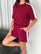 Osy Modal Yumuşak Dokulu Kumaş Parçalı Bisiklet Yaka T-shirt Kısa Şort İkili Takım -  Bordo resmi